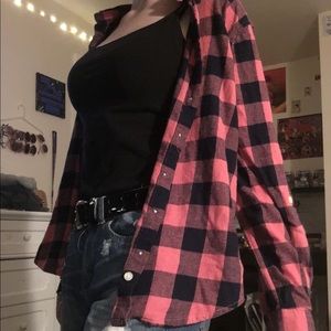Black and Pink Plaid Flannel Button Up Shirt